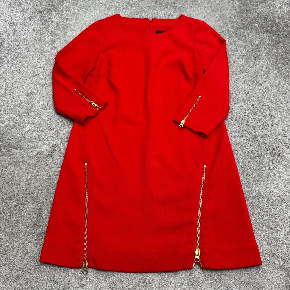 J.Crew Zip Detail Midi Shift Dress Women 4 Red 3/4 Sleeve Round Neck Career Work